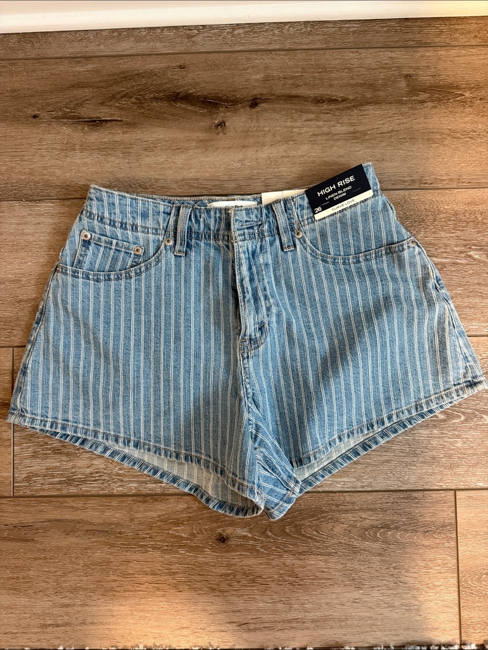 Abercrombie High Rise Striped Denim Shorts - Light Blue